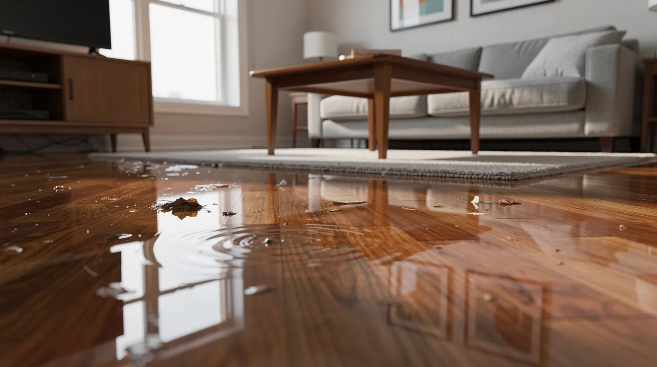 The image shows standing water on hardwood floors in a residential living room, indicating potential water damage that could lead to mold growth and structural issues. It is crucial to wear personal protective equipment and take quick action to remove standing water and prevent future water damage.