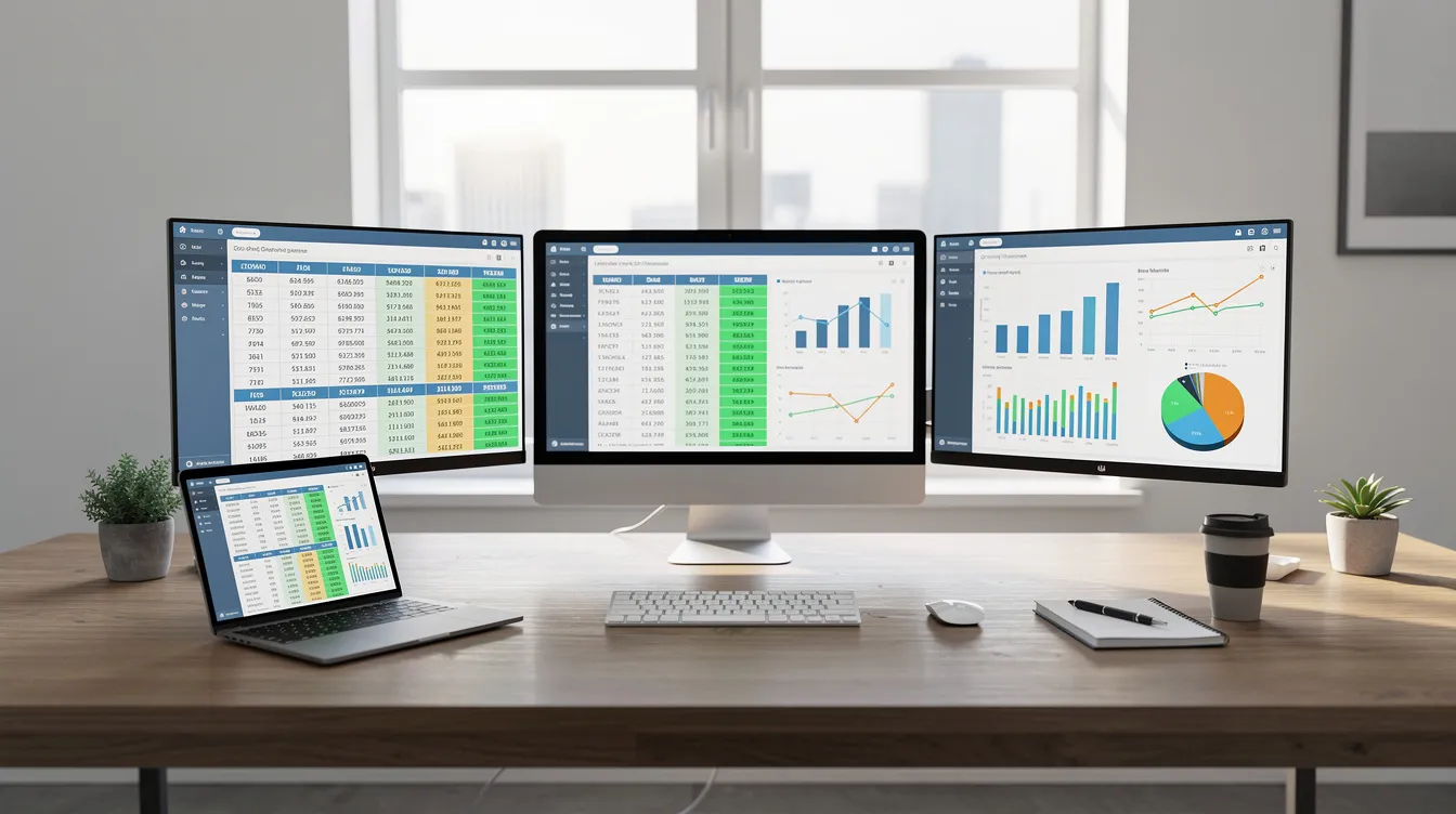 The image shows a modern office workspace featuring multiple computer monitors, each displaying spreadsheets and data visualizations, including charts and tables that illustrate current data. This setup highlights tools for importing live data from Google Sheets and connecting to web data for efficient analysis and reporting.