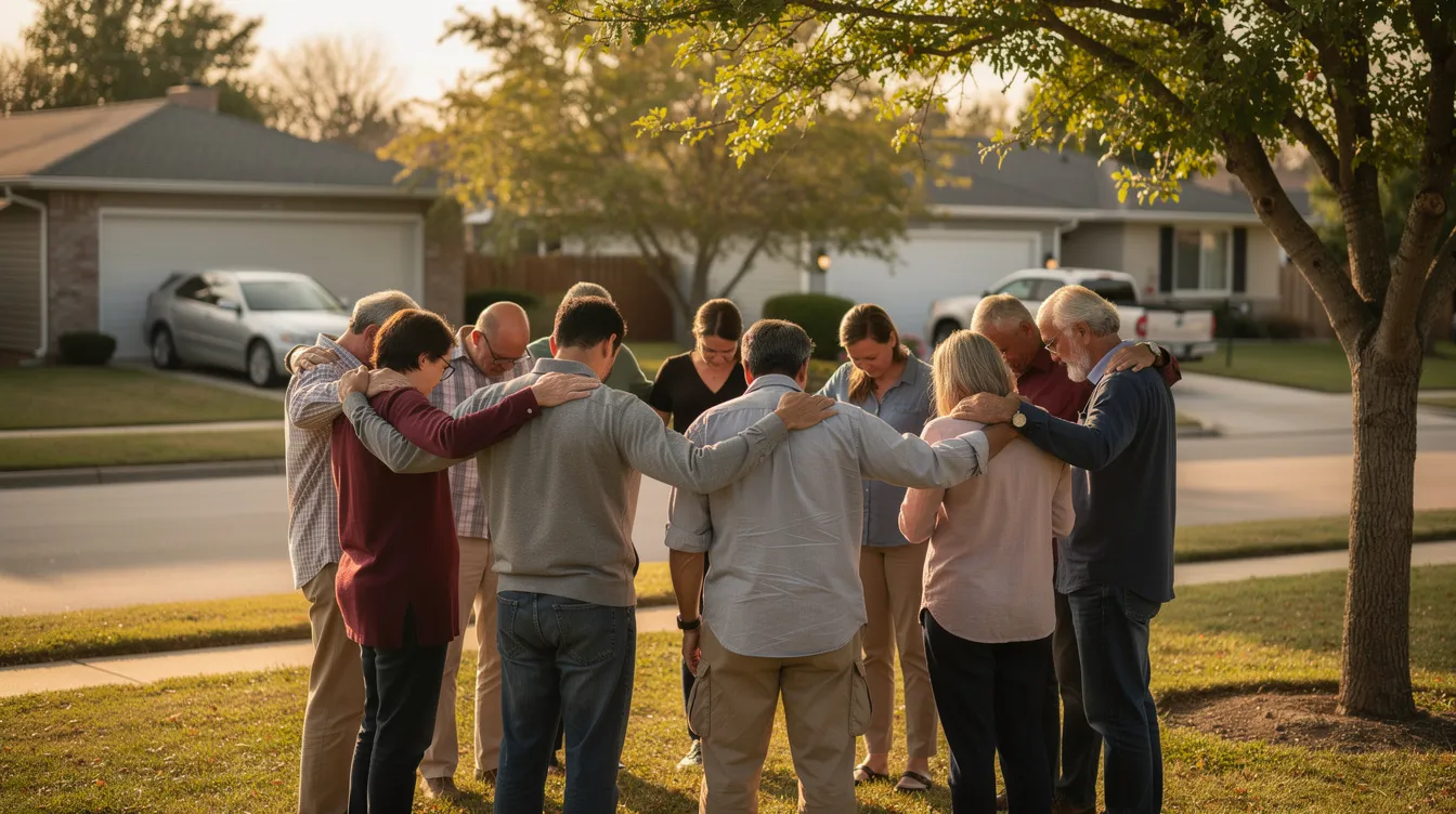A small group of people is gathered in a circle outdoors for prayer, reflecting on themes of atonement and faith on this holiest day of the Jewish calendar, Yom Kippur. In the background, a neighborhood in New Orleans is visible, symbolizing the community's connection and support.