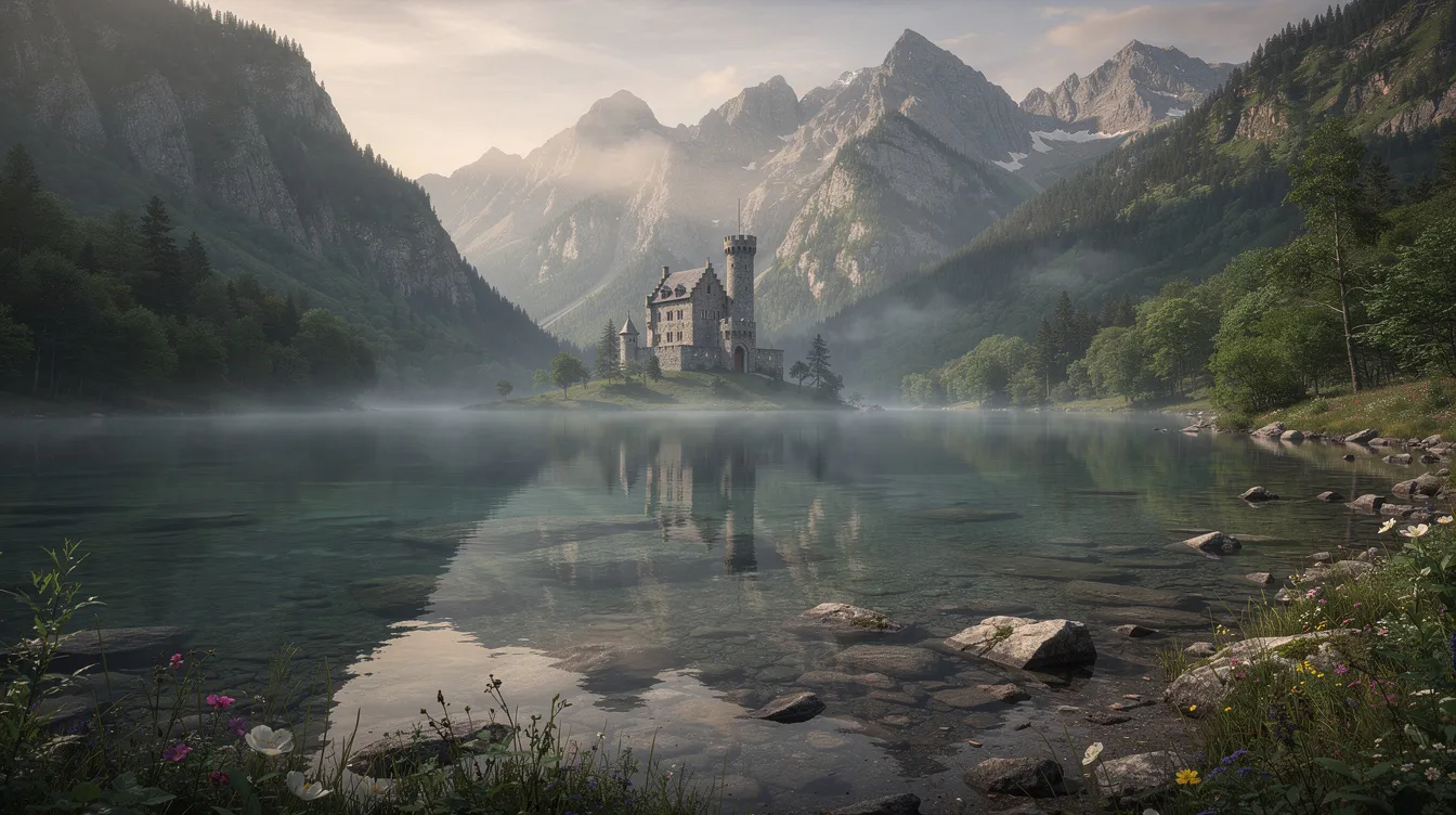 Imagem de um lago sereno cercado por majestosas montanhas e florestas verdes, com um castelo medieval imponente ao fundo, evocando a beleza natural da Croácia e seu rico patrimônio histórico. O cenário é perfeito para um destino turístico, refletindo a tranquilidade e a história da região.