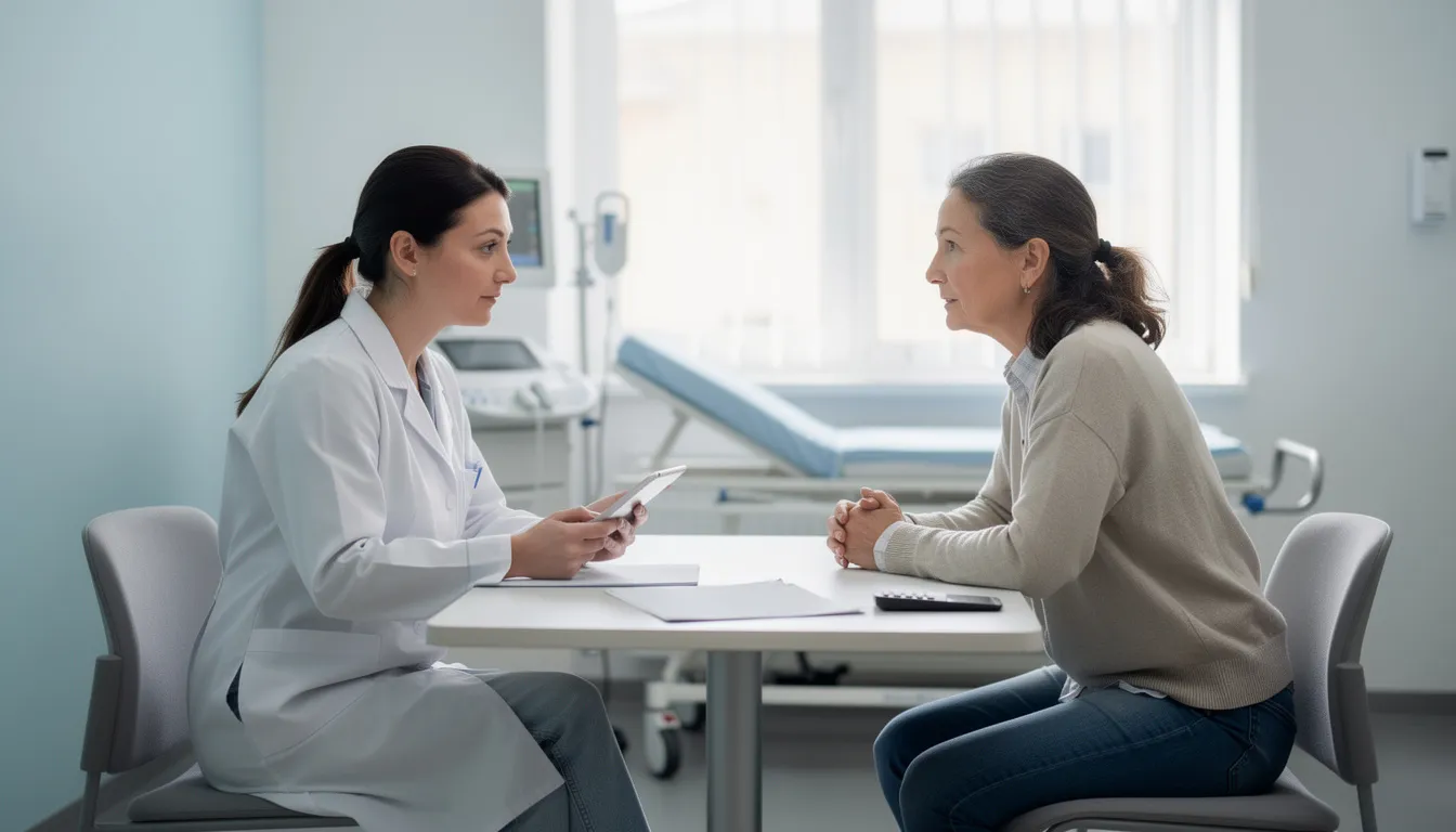 A medical professional is engaged in a discussion with a patient about various treatment options, including the use of tesamorelin injections for conditions like HIV-associated lipodystrophy. The clinical setting is equipped with medical charts and supplies, emphasizing a focus on patient care and education regarding potential side effects and dosing schedules.