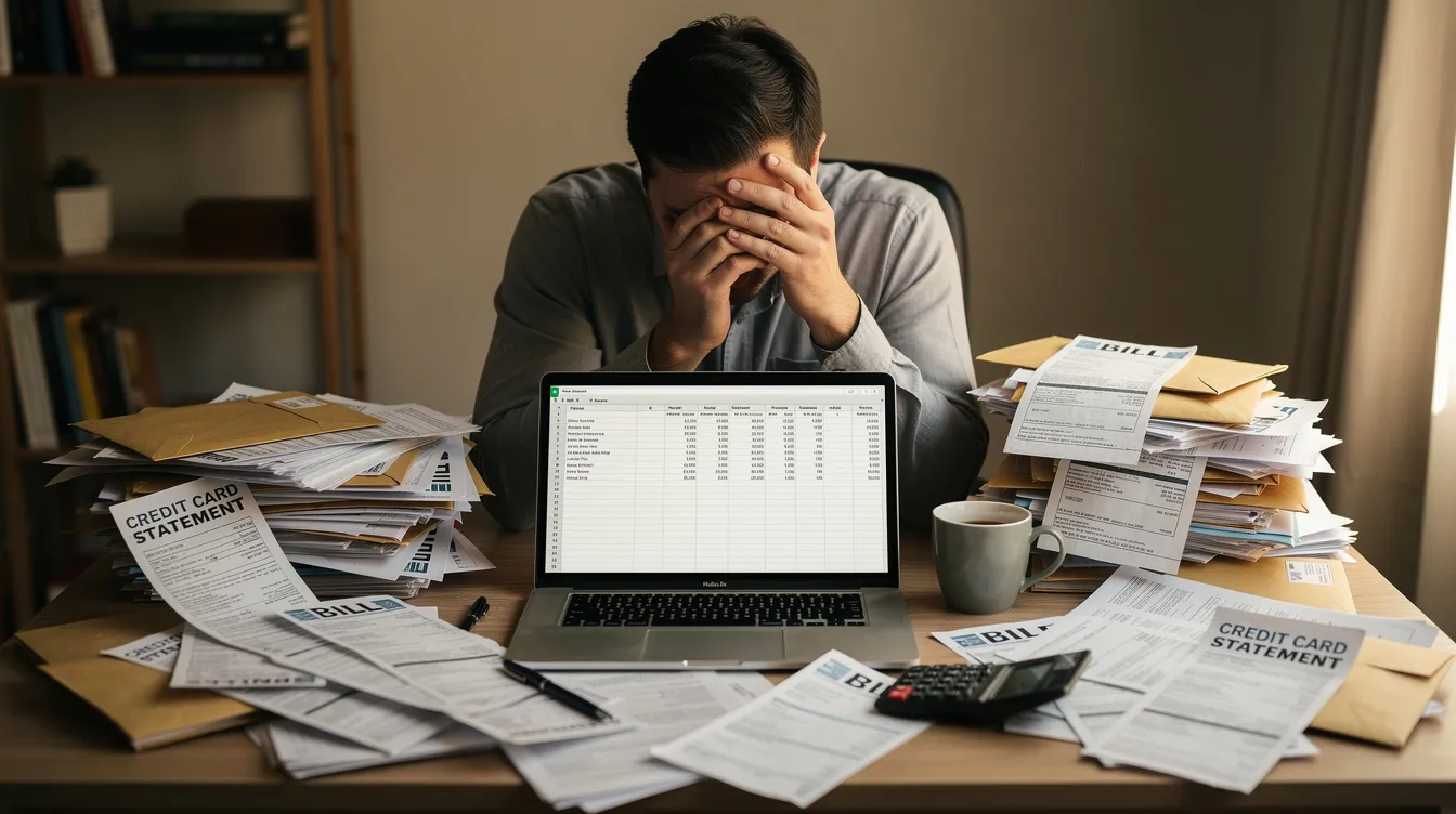 The image depicts a person sitting at a cluttered desk overwhelmed by multiple bills and credit card statements, visibly stressed as they navigate their financial situation. This scene illustrates the challenges of managing debts and the importance of understanding one's financial status, including aspects like monthly repayments and credit ratings.