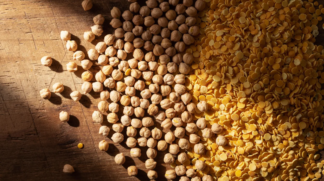 38327ac9 6465 4e42 b854 c7c1e0f74350 The image depicts raw chickpeas and split chana dal spread out on a wooden surface, showcasing the natural, unprocessed state of these pulses. This raw material is essential for the production of high-quality besan, which is a key ingredient in the food processing industry.