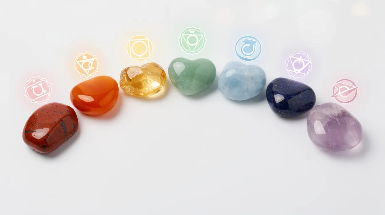 The image features a collection of seven chakra stones, each representing one of the seven main chakras, including rose quartz for the heart chakra and lapis lazuli for the throat chakra. These healing crystals are arranged in a circular pattern, symbolizing the flow of energy and the restoration of balance in the body's energy centres.