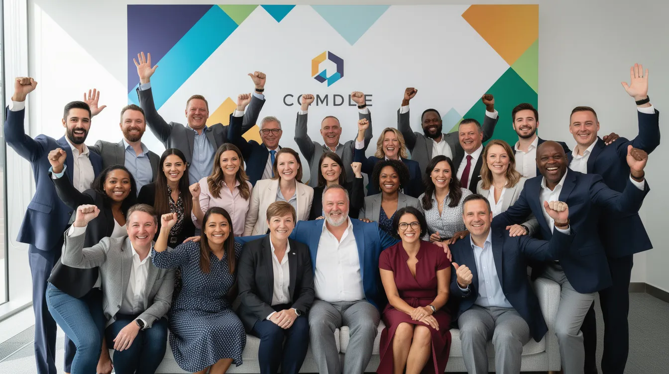 A large group of professionally dressed coworkers stands together with excited expressions, posing in front of a themed backdrop that reflects a fun team building event. This memorable moment captures their shared experience of collaboration and problem solving during an escape room challenge.