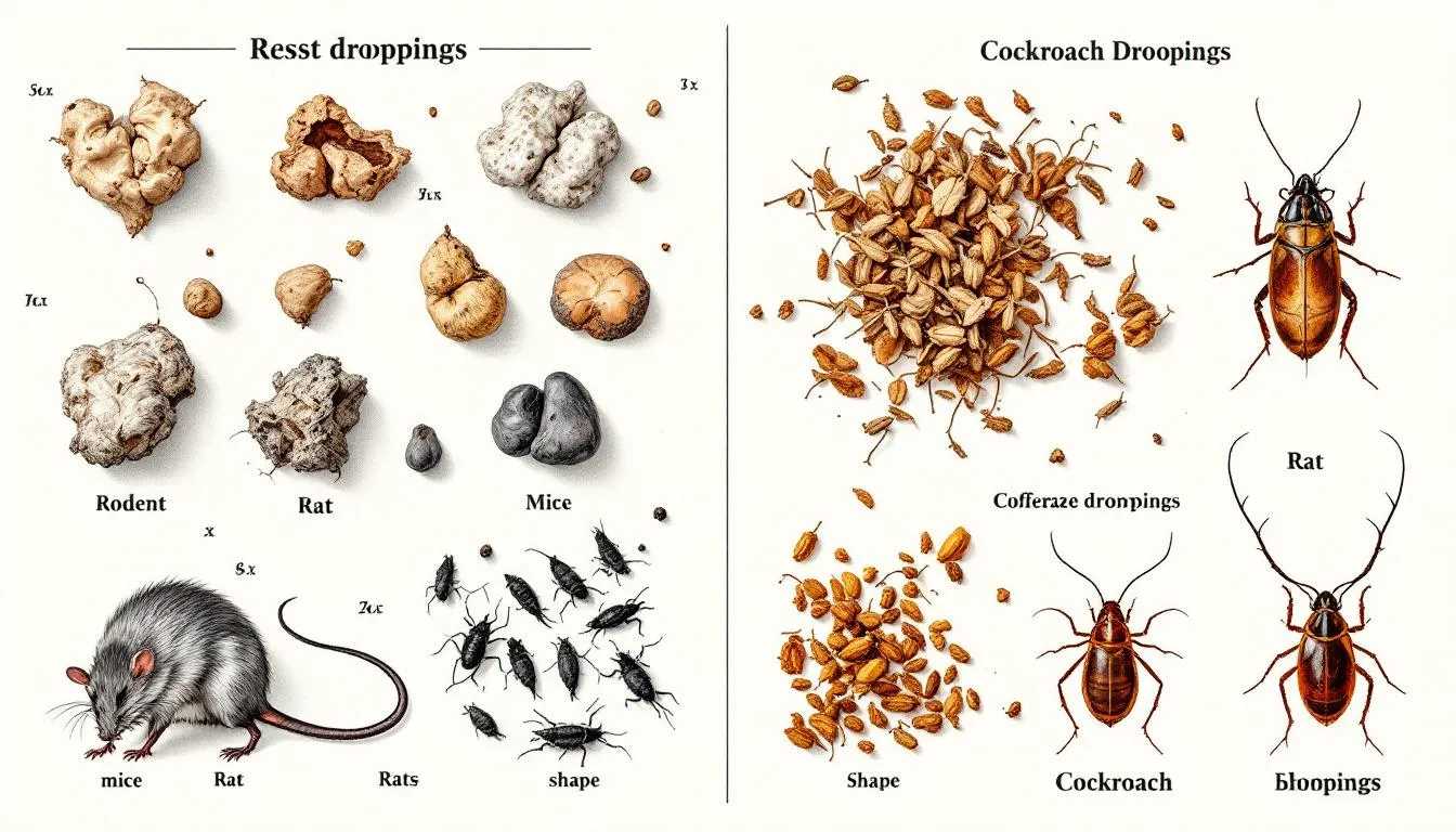 Different types of pest droppings, including rodent and cockroach droppings, displayed for comparison.
