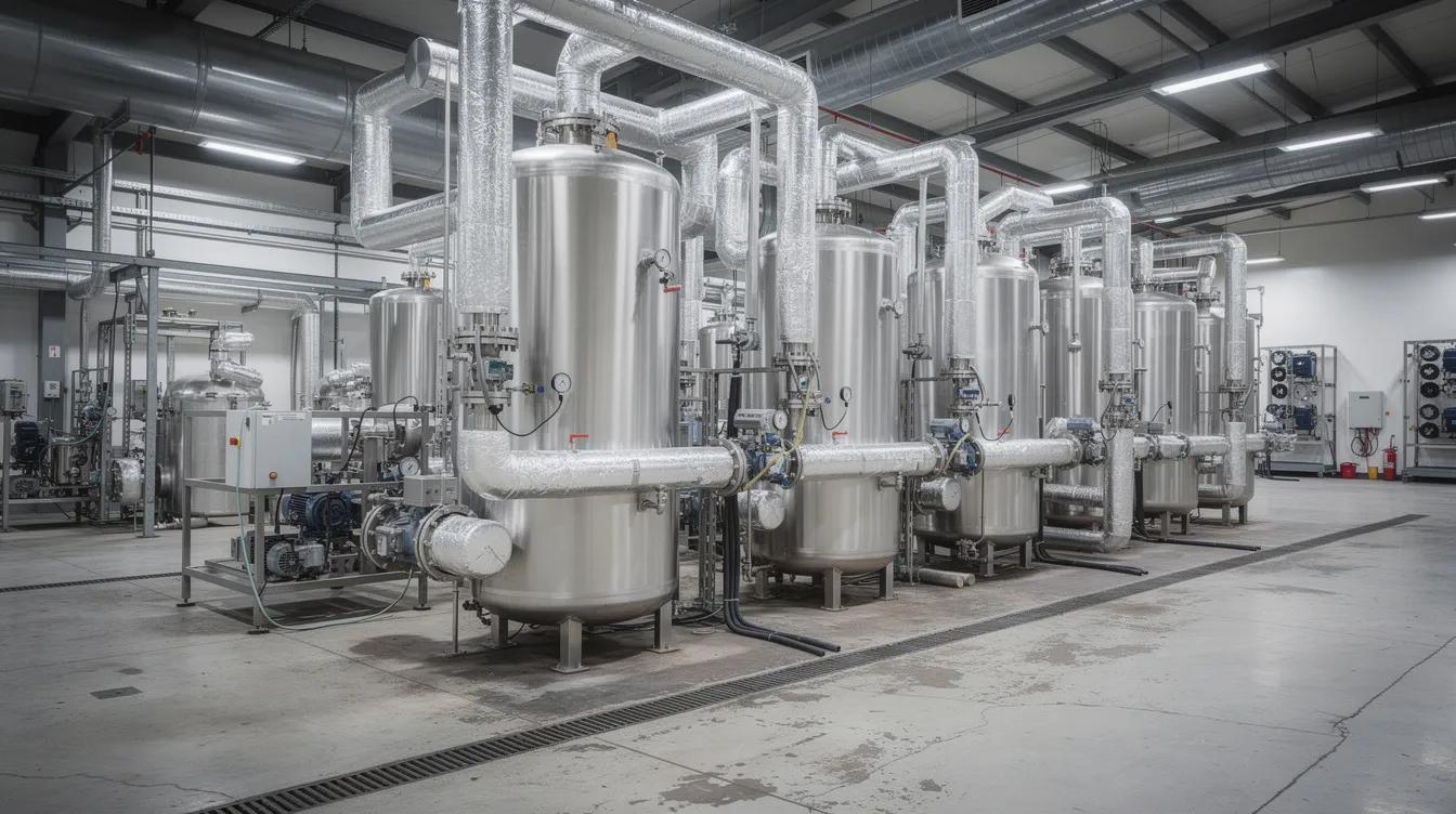 The image depicts an industrial water boiler system set in a functional environment, showcasing various components such as boiler tubes and heat exchangers. This system emphasizes the importance of proper water treatment and corrosion prevention methods, essential for maintaining boiler efficiency and prolonging boiler life.