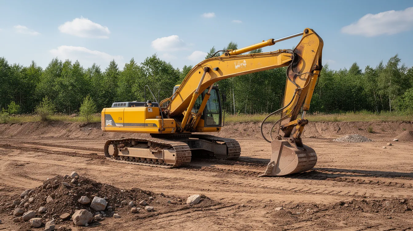A large yellow excavator is parked on a dirt construction site, surrounded by trees in the background, showcasing heavy equipment ready for work. This machinery is essential for performing tasks in construction, ensuring safety and efficiency on the site.