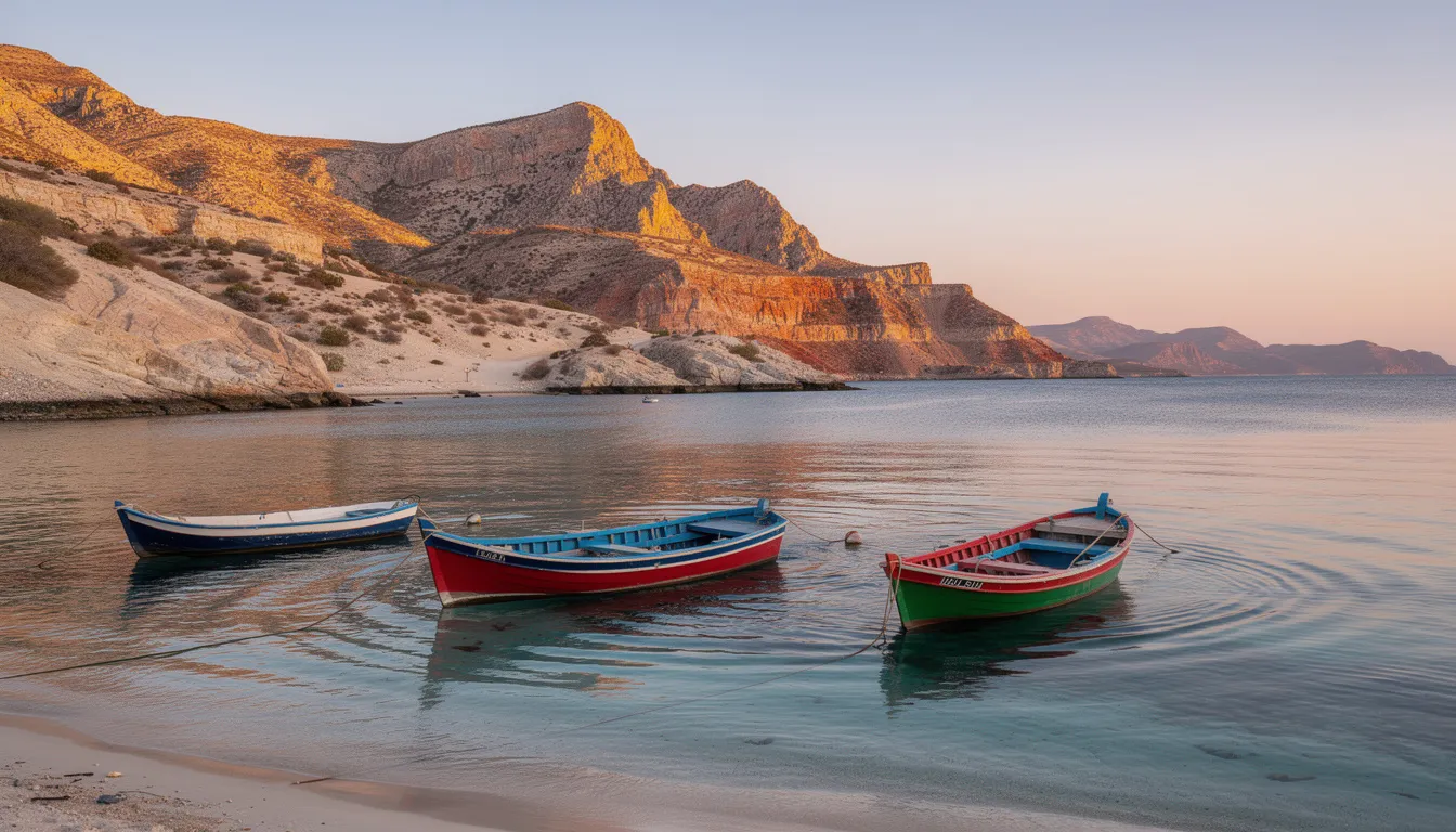 The image depicts small boats gently floating in a calm bay, with serene desert mountains rising majestically in the background. This tranquil scene captures the natural beauty often found in the best beach towns of Mexico, inviting visitors to explore the peaceful coastal life.