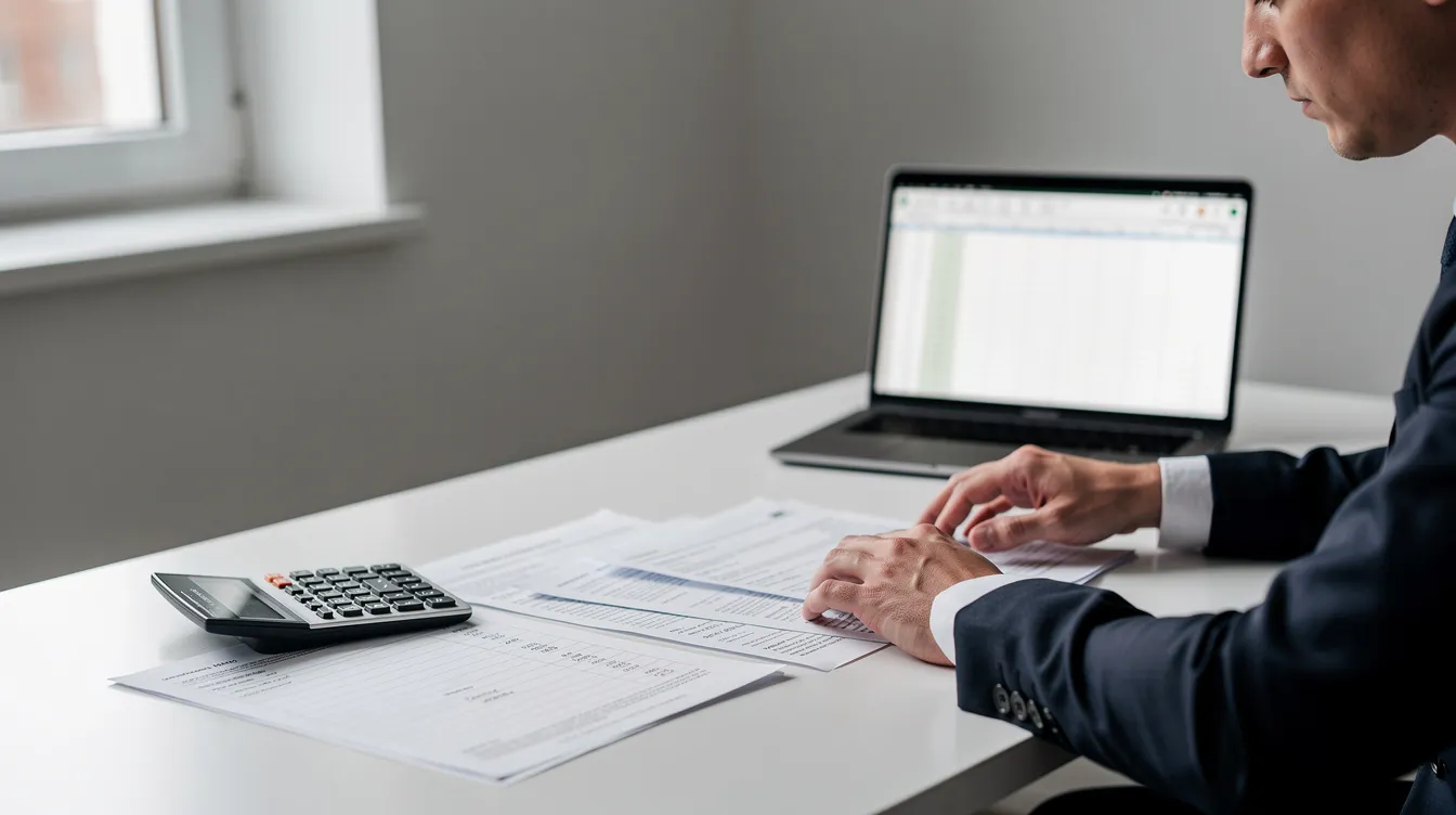 A person is seated at a desk, diligently reviewing financial documents alongside a laptop and a calculator, likely analyzing costs related to a fix and flip project. This scene reflects the meticulous planning involved in real estate investing, particularly when considering hard money loans for renovation and purchase price calculations.