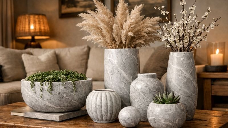 Different vases and planters wrapped in gray marble vinyl wrap