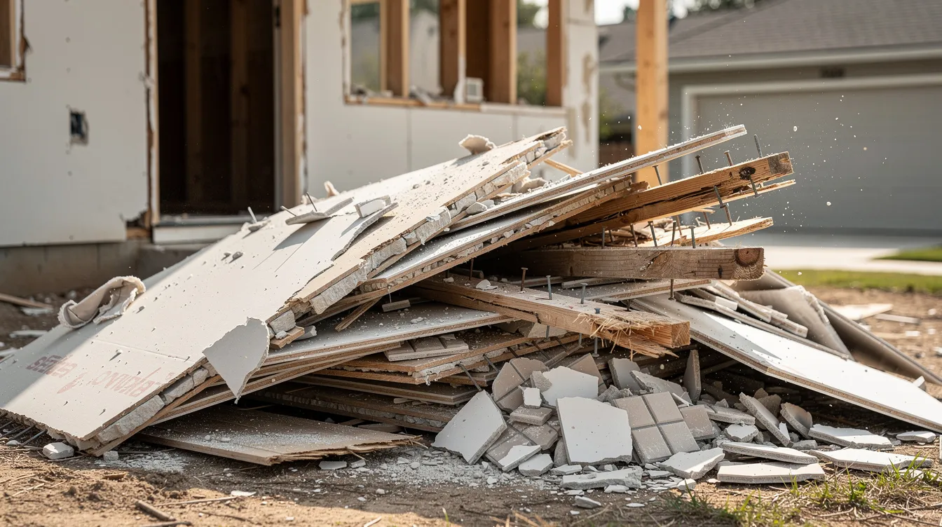 Pile of mixed construction debris including broken drywall, wooden studs, and ceramic tile outside a Philadelphia renovation site