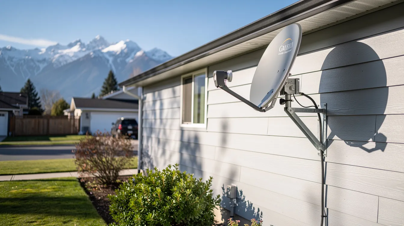 A satellite dish is mounted on the roof of a residential home, with picturesque mountains in the background, highlighting the importance of professional DSTV installations for reliable signal reception. This image represents the essential equipment used for DSTV services, showcasing a typical setup in a serene environment.