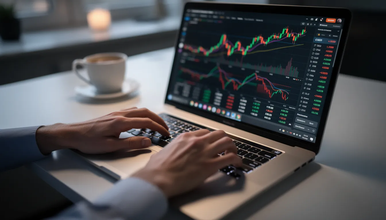 The image shows a pair of hands actively typing on a laptop keyboard, while trading charts displaying market trends and currency values are visible on the screen. This scene captures a moment in forex trading, highlighting the importance of technical analysis and trading strategies in the financial markets.