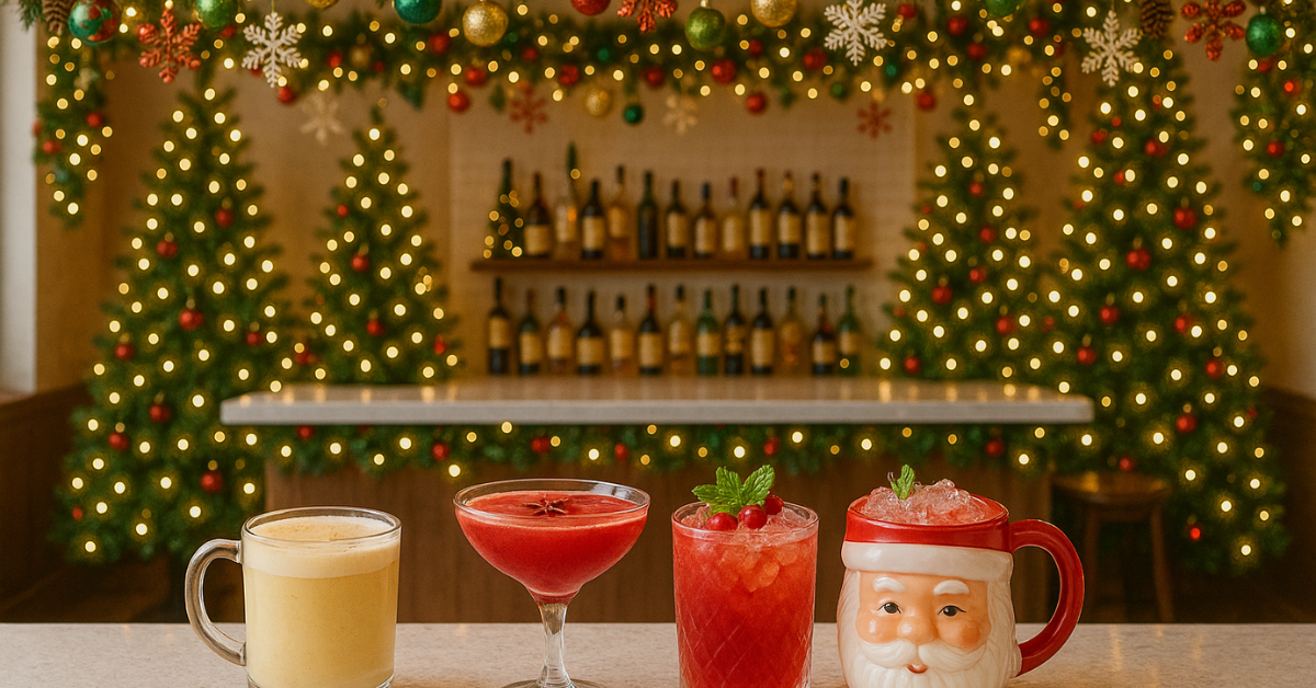 Festive holiday cocktails at a decorated Christmas bar in New Jersey, with twinkling lights, garland, and seasonal drinks enjoyed at Jersey Shore holiday pop-up bars and winter events.