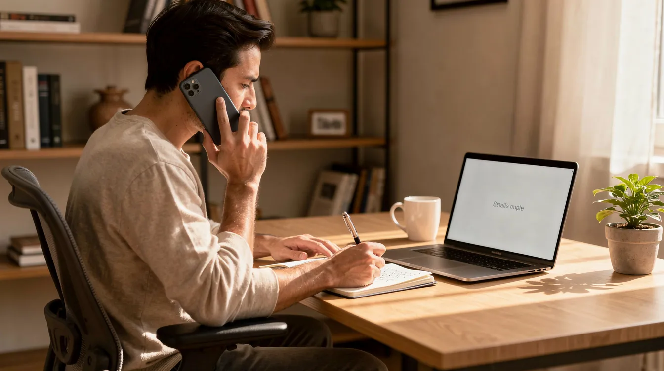 A person is seated at a home office desk, taking notes while engaged in a phone call, likely discussing options to avoid foreclosure or manage monthly mortgage payments. The scene suggests a focus on financial planning and communication with a mortgage servicer or housing counselor.