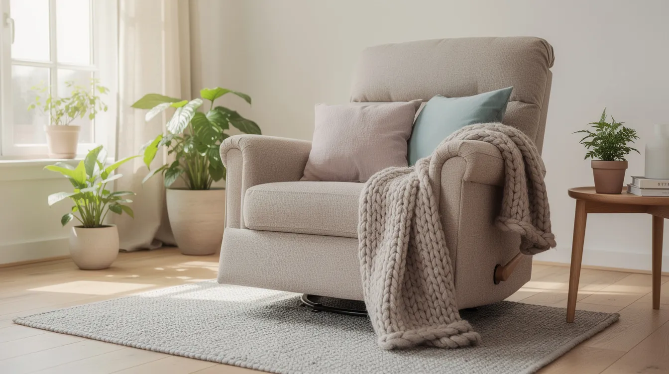 En mysig relaxfåtölj i ett ljust vardagsrum, omgiven av mjuka textilier och gröna växter, erbjuder en perfekt plats för avkoppling. Fåtöljen, i en stilren grå nyans, har ett bekvämt ryggstöd och fotstöd som gör den idealisk för att njuta av en stunds läsning eller vila.