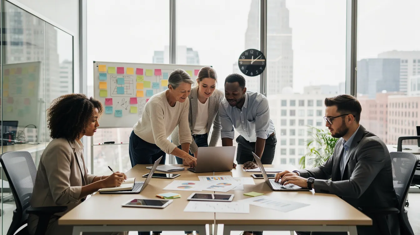 The image depicts a diverse team of professionals collaborating in a modern office, engaged in discussions and sharing ideas. They are likely working on tasks related to payroll processing and employee data management, highlighting the importance of teamwork in managing payroll software effectively.