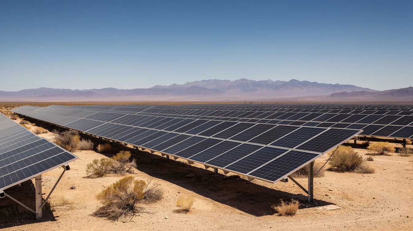 The image depicts a large solar panel array situated in a vast desert landscape under a clear blue sky, with distant mountains providing a scenic backdrop. This renewable energy project exemplifies the growth of solar energy initiatives in the renewable energy industry.