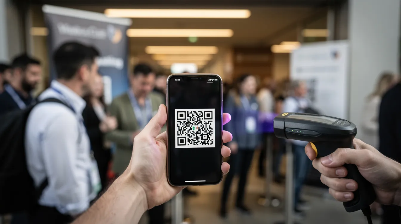 A person is holding a smartphone with a QR code displayed on its screen, as it is being scanned at the entrance of an event. This scene highlights the use of ticketing software for seamless ticket sales and entry management for event goers.