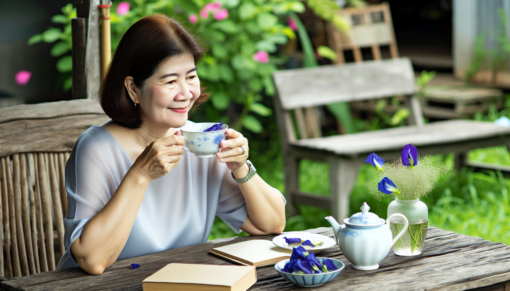 Woman enjoying a cup of butterfly pea flower tea in a peaceful setting