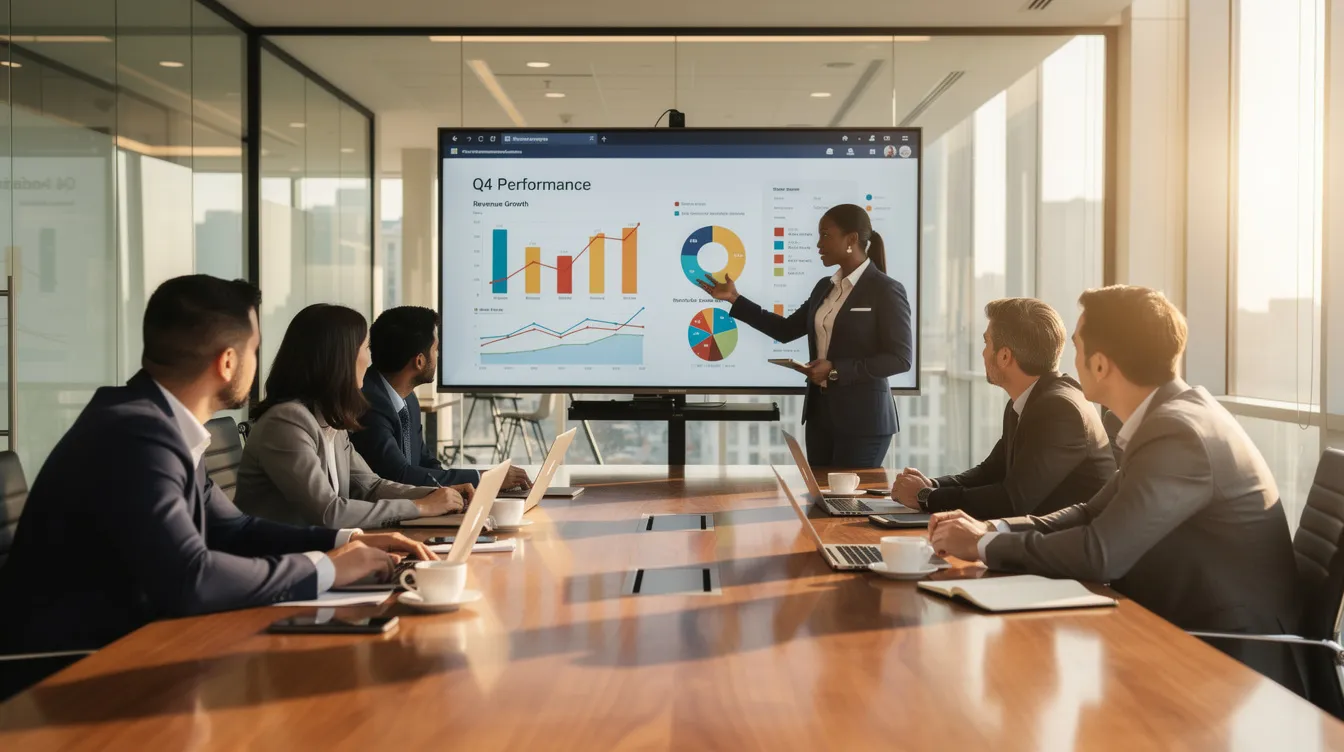 A team collaborates in a conference room, engaging in a session while data visualizations are prominently displayed on a screen, showcasing the benefits of using automation tools for creating data-driven slides. The presentation highlights how these tools can streamline workflows, automate repetitive tasks, and enhance productivity for finance professionals and small teams.