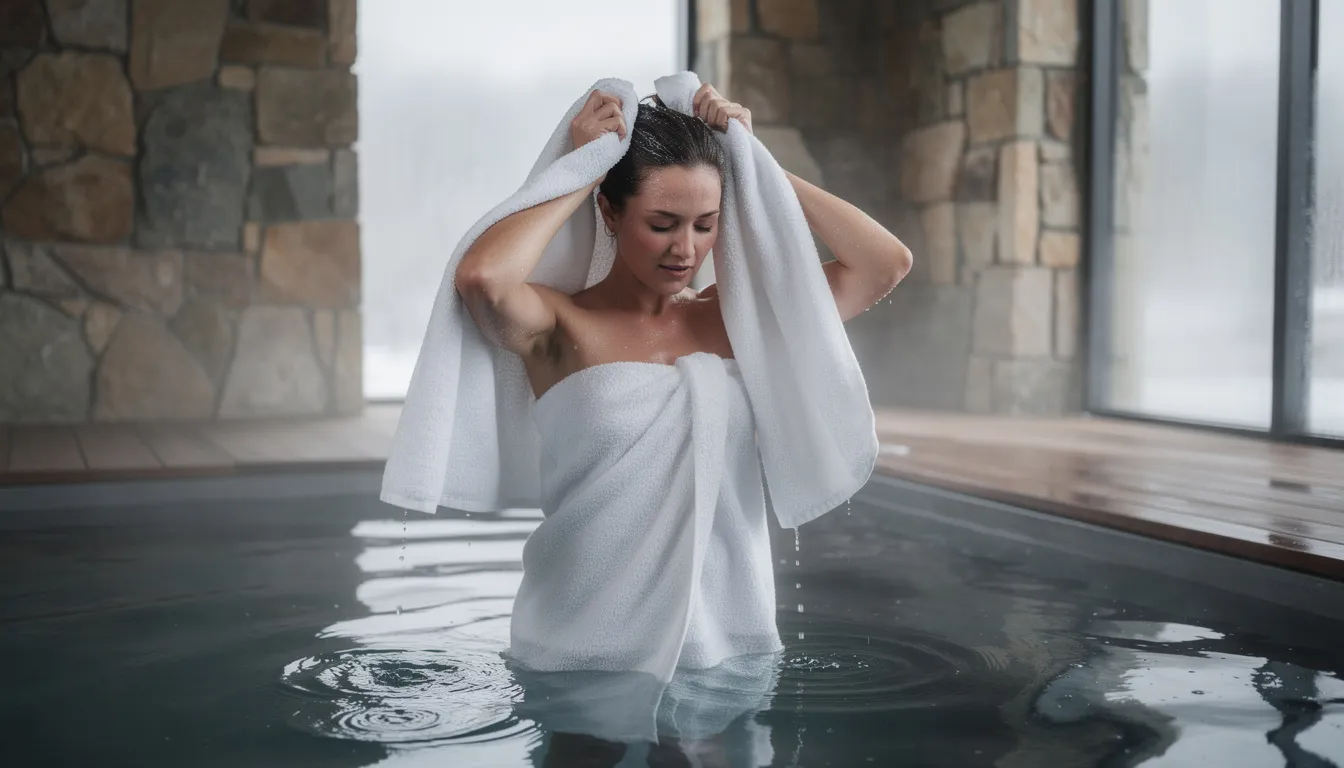 A person is drying off with towels after exiting a cold plunge tub, which is believed to support lymphatic function and promote fluid balance in the body. This cold plunge may aid in lymphatic drainage and enhance overall well-being.