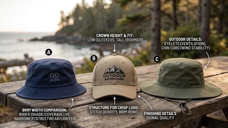 Bucket hat outfit pairing guide showing casual, formal, and accessory-coordinated looks with neutral bucket hats.