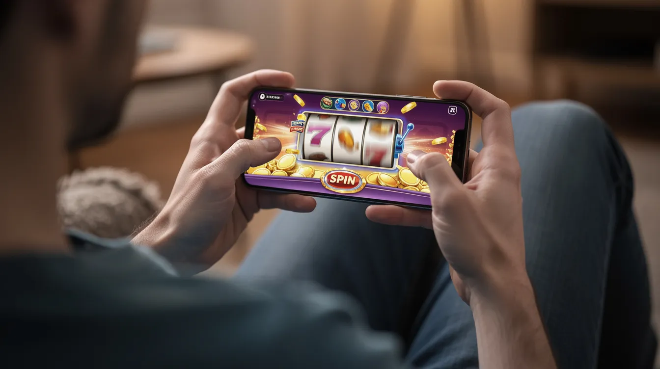 A person is holding a smartphone, engaged in playing a mobile casino game, likely from Wild Tokyo Casino, showcasing the convenience of online casinos on Android and iOS devices. The dark theme of the game interface highlights the vibrant graphics of popular slots and live dealer games.