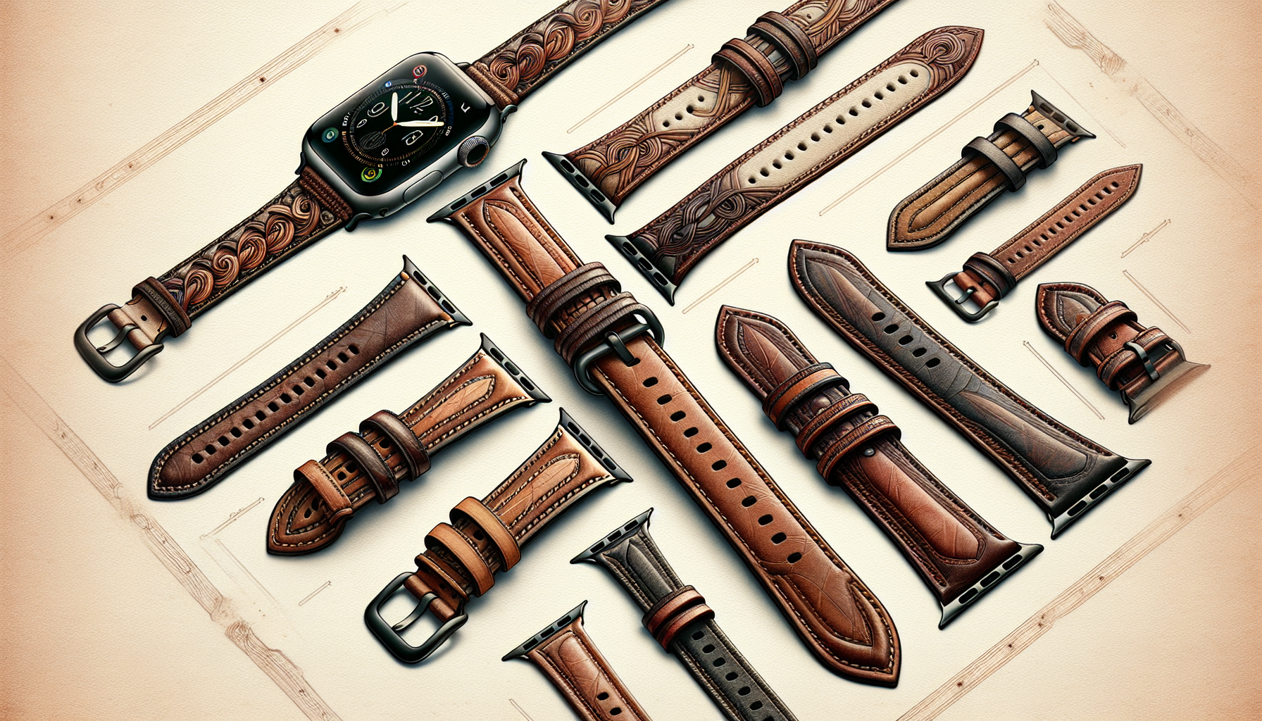 A selection of leather bands for Apple Watch, showcasing elegance.