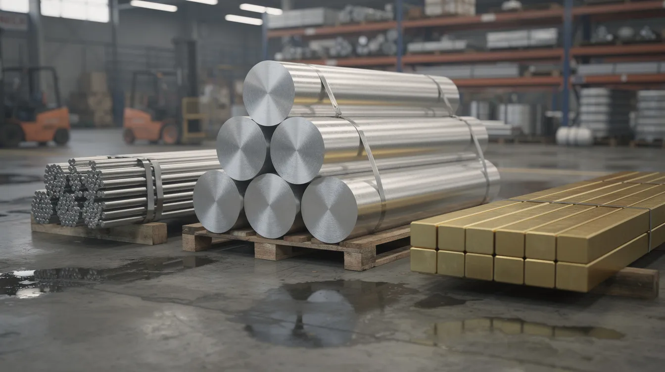 The image showcases a variety of raw metal stock materials, including aluminum billets, stainless steel rods, and brass bars, arranged in an industrial setting, highlighting the essential components used in rapid prototyping and advanced manufacturing technologies. This diverse range of materials is crucial for creating functional prototypes and supports various engineering services in the prototyping process.