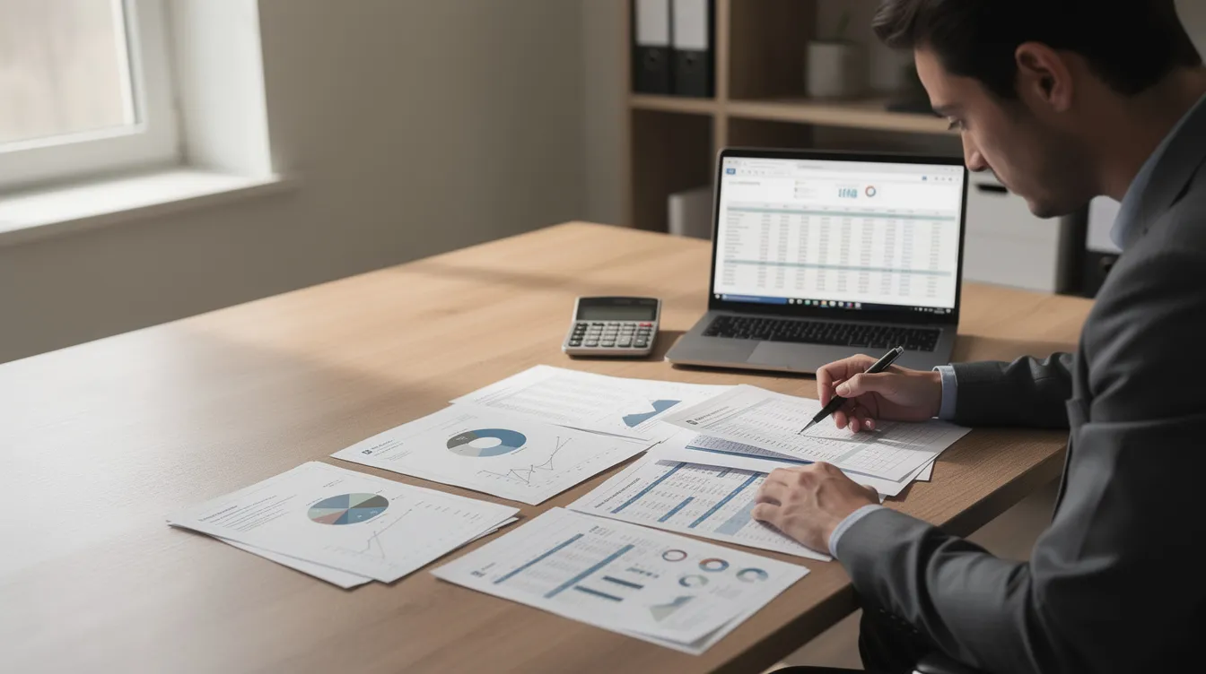 A person is seated at a desk, reviewing financial papers with a calculator and a laptop open in front of them. This scene captures the essence of tax preparation and financial planning, highlighting the importance of consulting a tax professional for navigating complex tax matters and ensuring compliance with tax law.