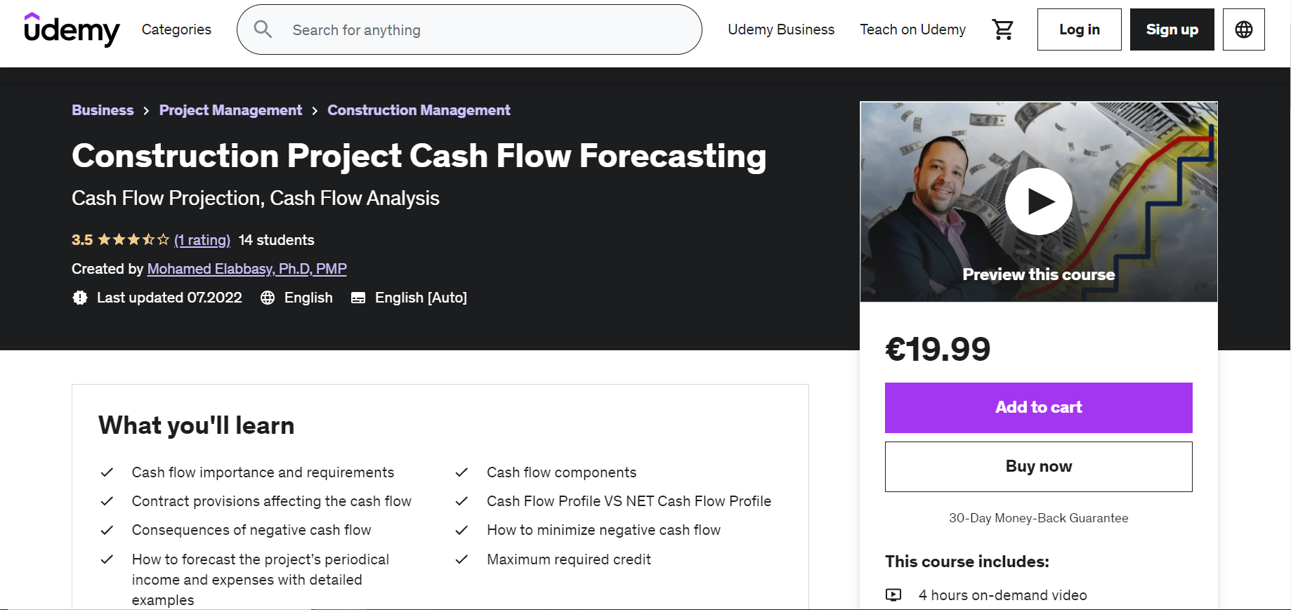 View on a Construction Project Cash Flow Forecasting course on Udemy platform