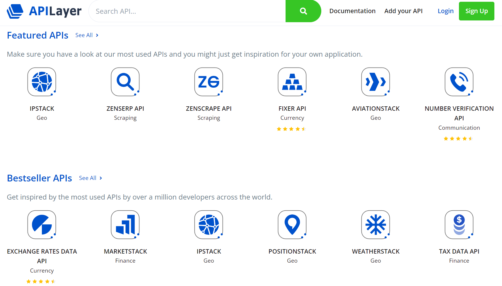 home page of the apilayer marketplace