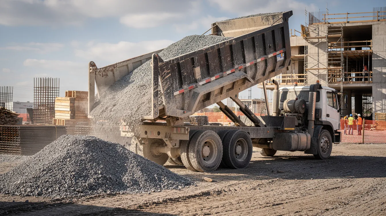 A tandem-axle dump trailer with a raised hydraulic bed is actively dumping a load of gravel on a construction site, showcasing its heavy-duty design and versatility for hauling construction debris. The trailer's robust construction and payload capacity make it an essential piece of equipment for any job involving dirt and material transport.