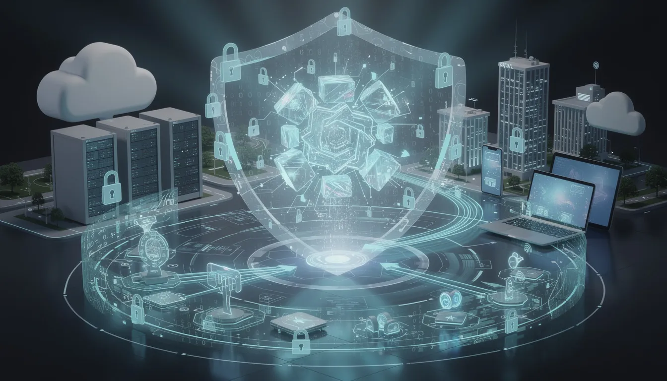 The image illustrates the convergence of AI technologies and data privacy, showcasing a visual representation of machine learning algorithms, deep learning models, and blockchain networks working together to enhance data integrity and security. It emphasizes the importance of protecting data flows and ensuring data transparency within AI systems to mitigate security risks in various industries.