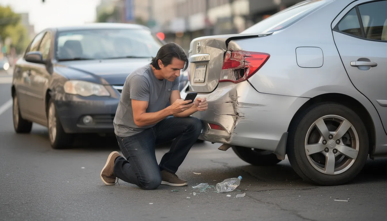 A person is taking photographs of a damaged vehicle at the scene of a car accident, likely to document the vehicle damage for an insurance claim. This documentation may be crucial for the involved parties, including the insurance company and any car accident lawyers, in determining liability and repair costs.