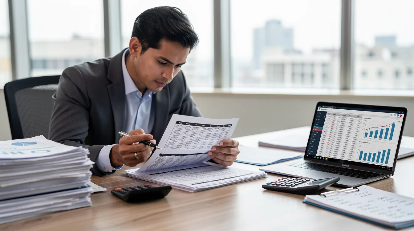 A professional sits at a desk, carefully reviewing financial spreadsheets and documents related to a hotel project, focusing on financial projections and cash flow analysis. The workspace is organized, reflecting the detailed project report essential for evaluating the financial feasibility and term loan appraisal in the hospitality industry.