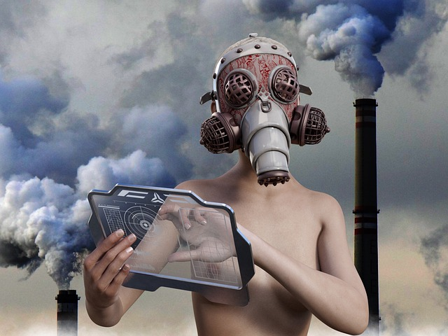 An image of a person in a gas mask symbolixing the dangers of air pollution and throat health. 