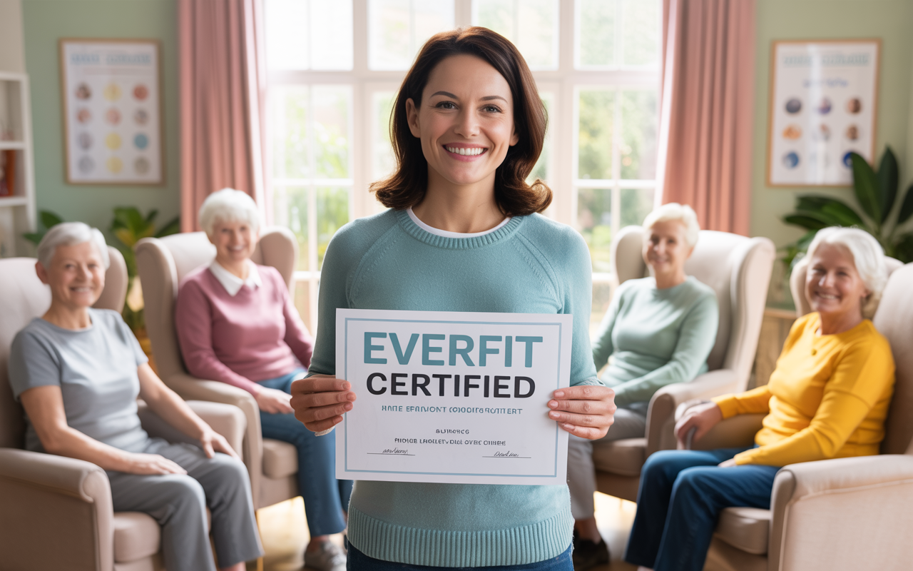 A carer proudly holding an EverFit certificate, surrounded by smiling elderly clients, set in a bright training or care environment