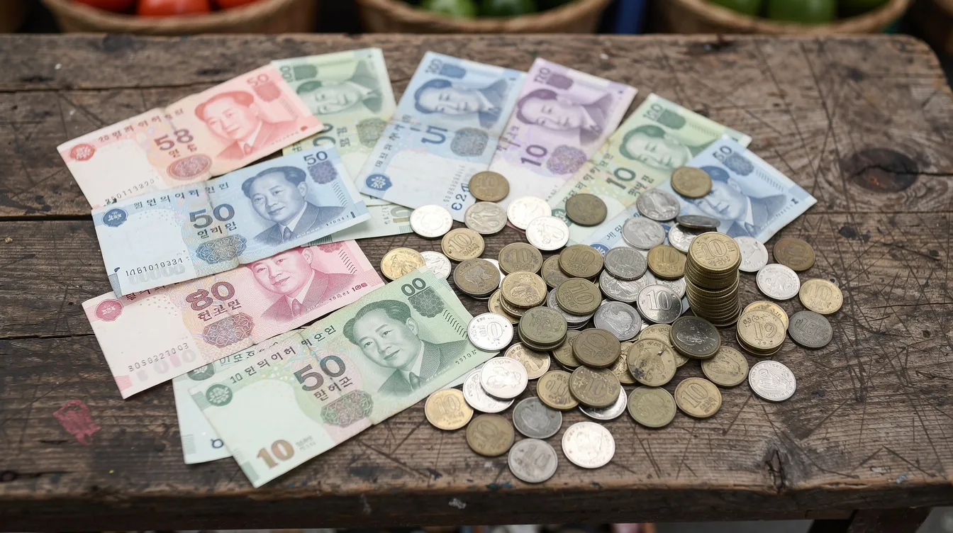 The image features a collection of Korean banknotes and coins artfully arranged on a rustic wooden market table, highlighting various payment methods in South Korea. This visual representation showcases the importance of cash alongside popular mobile payment platforms like Samsung Pay and Kakao Pay for both online and offline purchases.