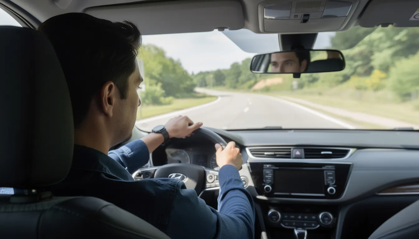 Eine Person sitzt am Steuer eines Autos und fährt auf einer belebten Straße. Diese Szene verdeutlicht die Wichtigkeit der Verkehrssicherheit, insbesondere im Kontext des Konsums von Cannabis und der Auswirkungen auf die Fahrtüchtigkeit.
