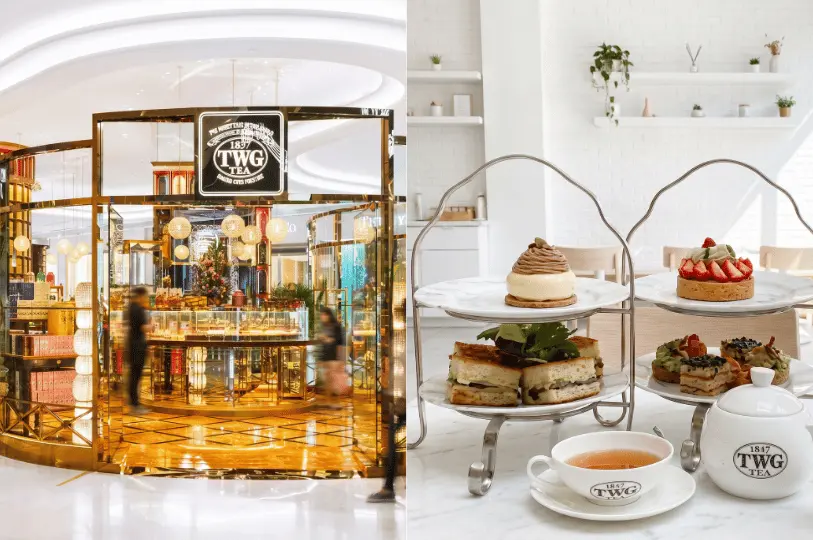 A split image highlighting TWG Tea. The left side displays the luxurious, brightly lit, gold-accented storefront of the TWG Tea boutique inside the mall. The right side shows an elegant afternoon tea spread featuring tiered silver stands holding delicate pastries and finger sandwiches next to a classic white TWG teapot and teacup.