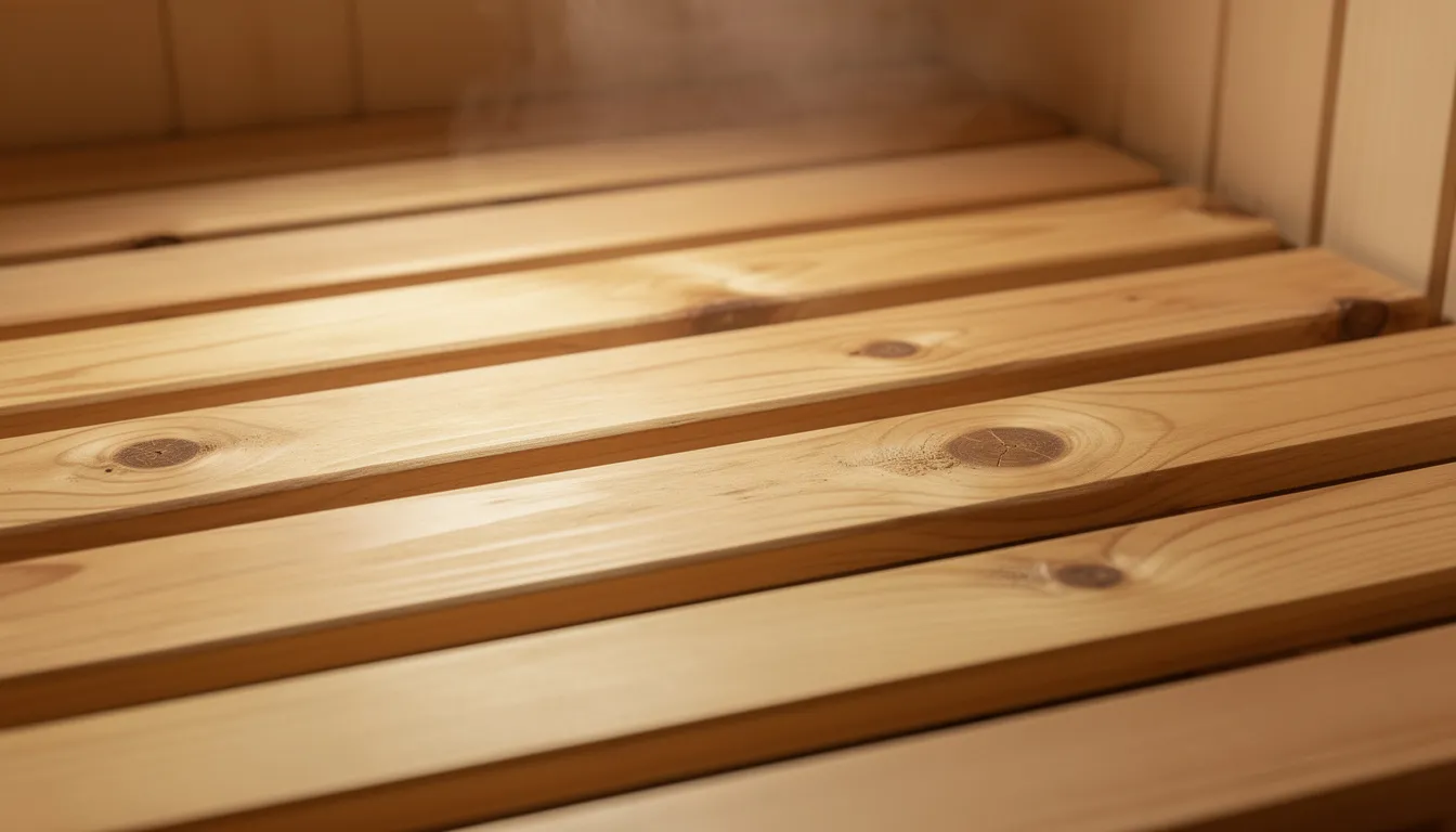 A close-up view of cedar wood duckboard slats inside a traditional sauna, showcasing the visible gaps between the boards. This sauna flooring is designed for high heat and moisture resistance, providing a durable and aesthetically warm surface for a great sauna experience.