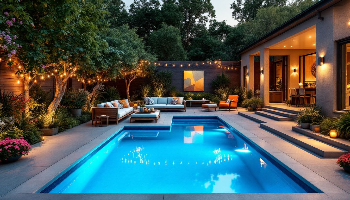 Kidney-shaped fiberglass pool surrounded by a vibrant backyard.