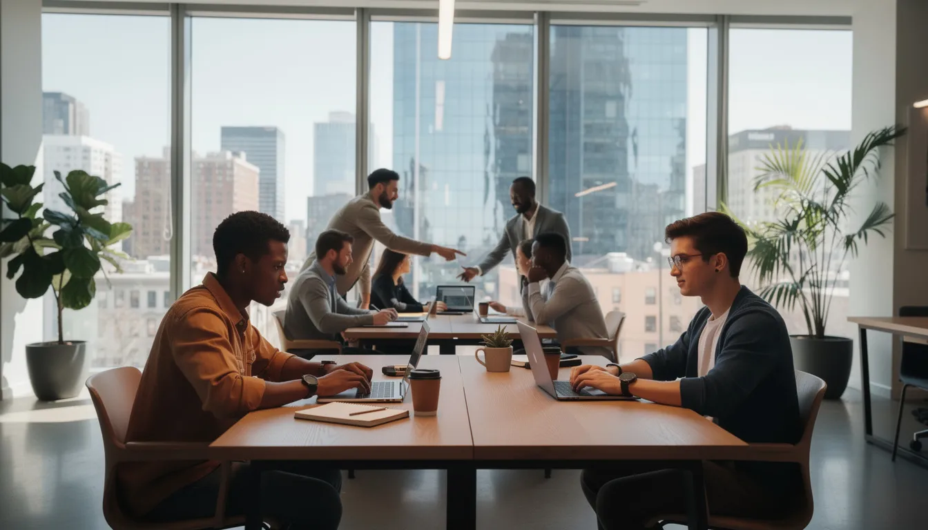 Imagen de un grupo de emprendedores trabajando en laptops en un espacio de coworking moderno, con grandes ventanales que ofrecen una vista panorámica de una ciudad. Este ambiente colaborativo refleja la dinámica del mercado actual, donde las empresas buscan innovar y aprovechar herramientas digitales para el crecimiento de sus negocios.