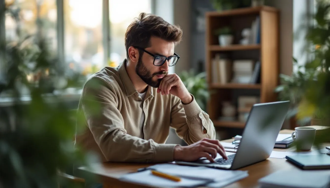 A small business owner is seen intently researching information about what a factoring company is and how does factoring work, focusing on aspects like invoice financing and the benefits of improved cash flow through selling unpaid invoices. The scene highlights the owner's quest for understanding credit services and the factoring process to enhance their business operations.