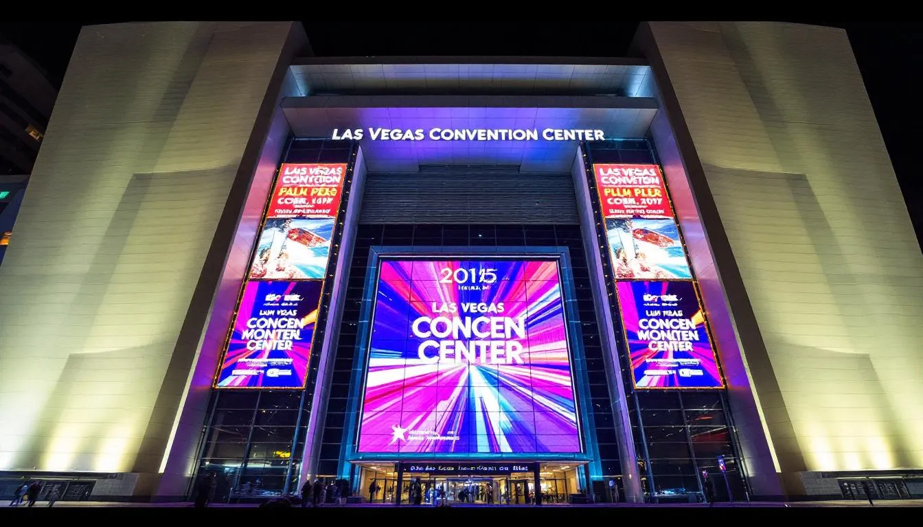 The image depicts the modern exterior of the Las Vegas Convention Center, showcasing its sleek architecture and prominent signage, a hub for various Las Vegas conventions and trade shows. This premier destination is known for hosting events like the Consumer Electronics Show and the Global Gaming Expo, attracting industry leaders and professionals from around the world.