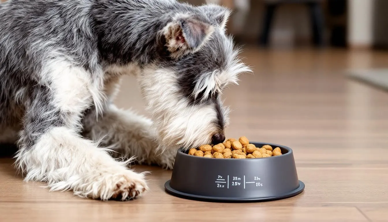 A Miniature Schnauzer, a breed known to have a predisposition to pancreatitis, is seen eating from a measured food bowl, which is important for managing its diet and preventing pancreatitis symptoms. The careful portioning of food helps in treating pancreatitis and maintaining the dog