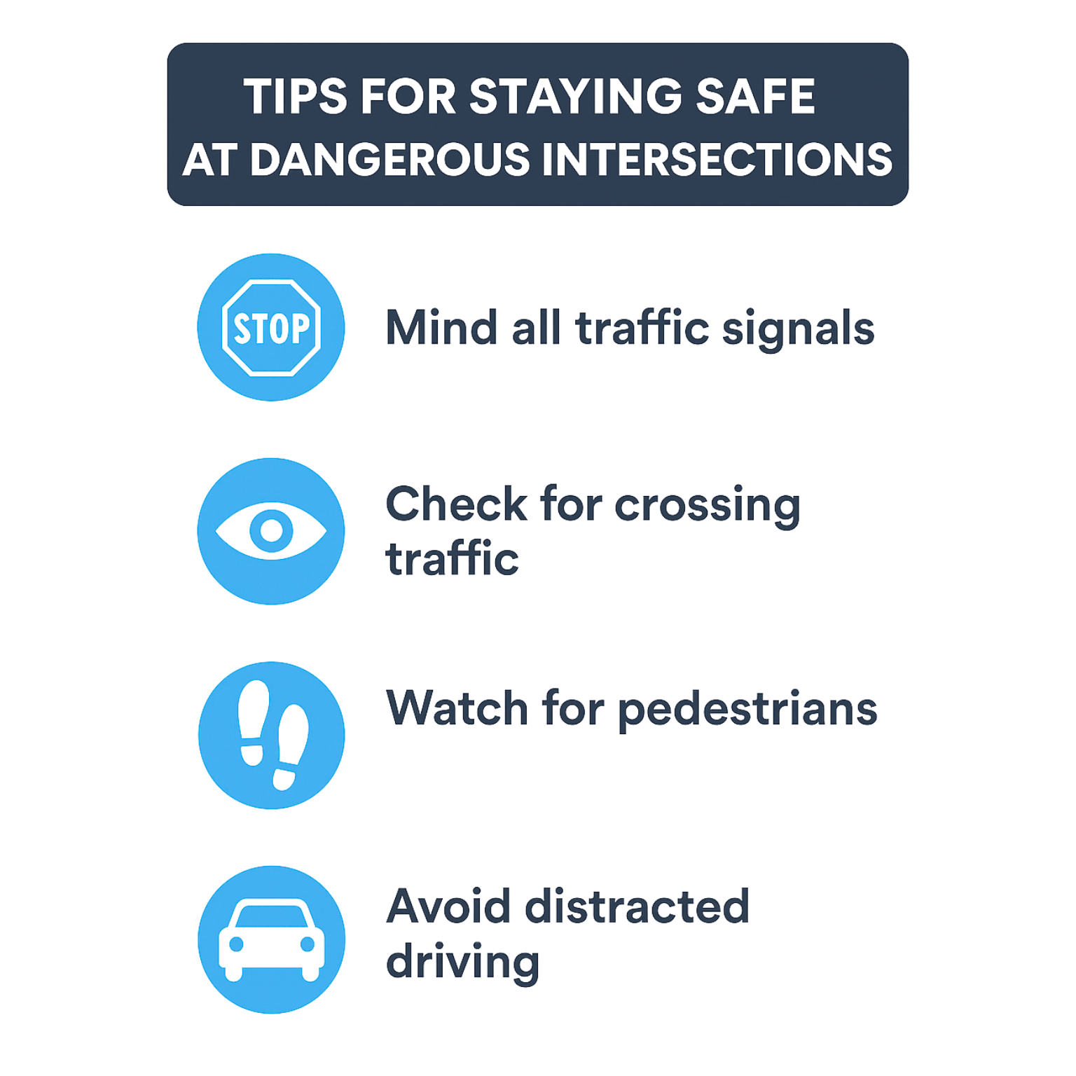 Visual checklist offering tips for drivers to stay safe at dangerous intersections.